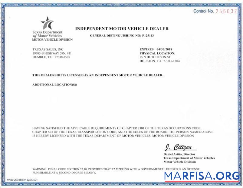 Printable USA Texas Independent Motor Vehicle Dealer real example